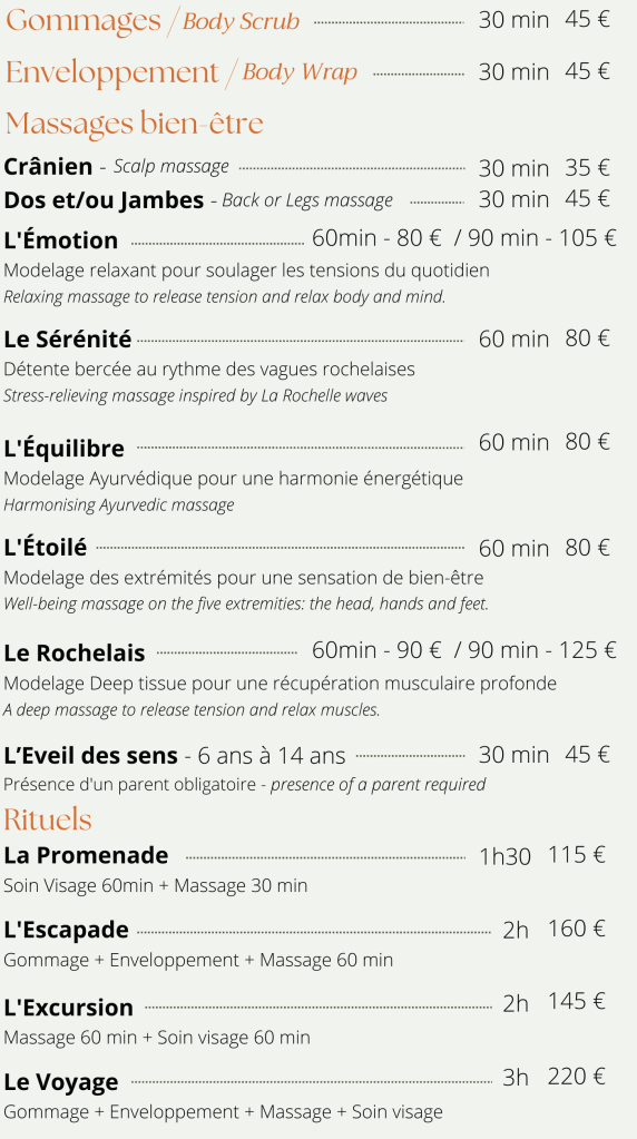 Soins corps, gommage, enveloppement, massage